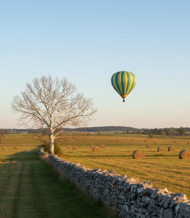 A blue and yellow striped balloon over a mown hayfield with round bales, a dry-stack stone wall, a pale sycamore and a horse grazing by a gate