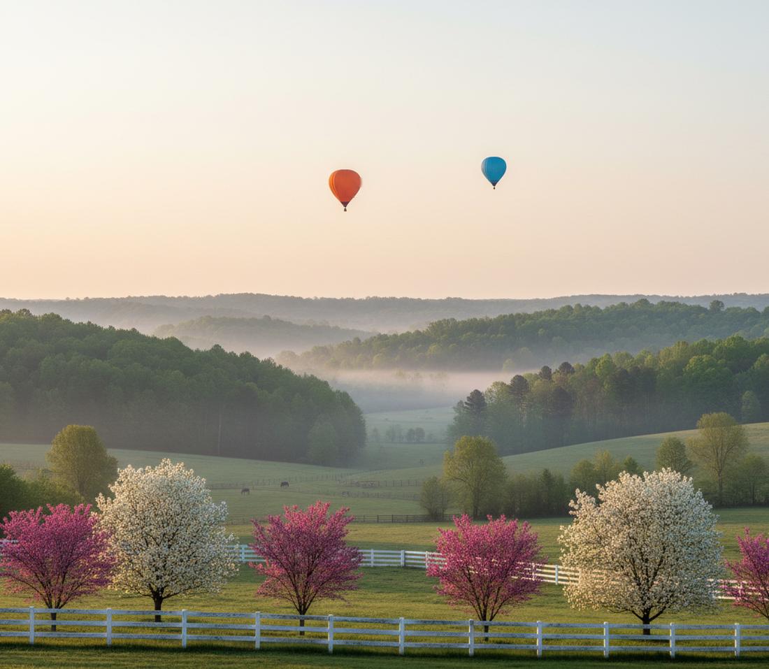 Pink redbud and white blossom along a white board fence above green horse paddocks at sunrise, wooded hills and two distant balloons, orange and blue