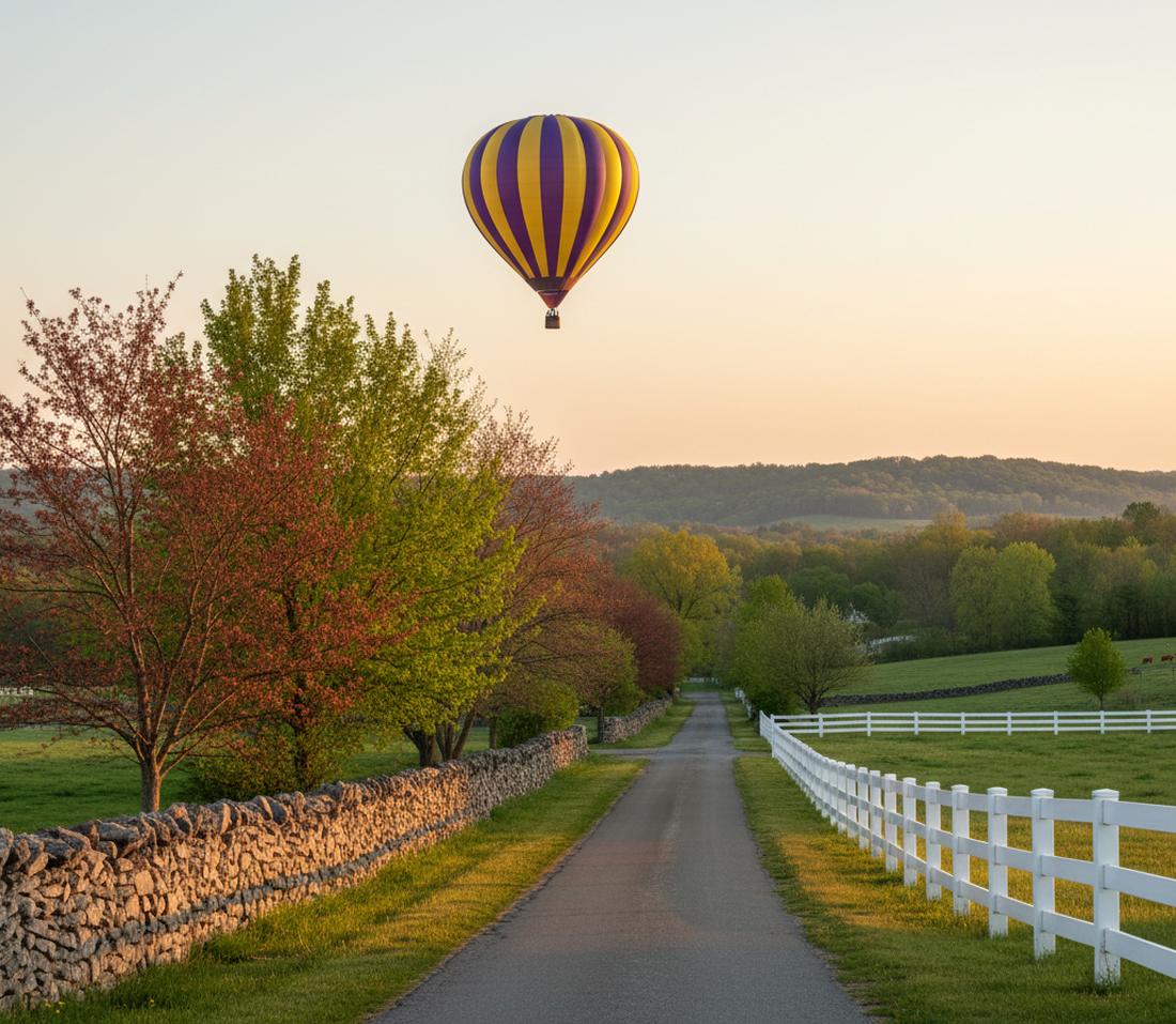 A purple and yellow striped balloon in a peach sunrise sky over a country lane lined by a dry-stack stone wall and a white plank horse fence