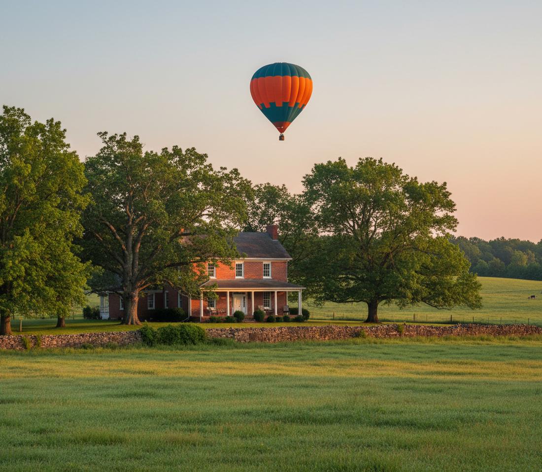 A teal and orange balloon in a pink morning sky above a red-brick farmhouse with a columned porch, shade trees and a low stone wall
