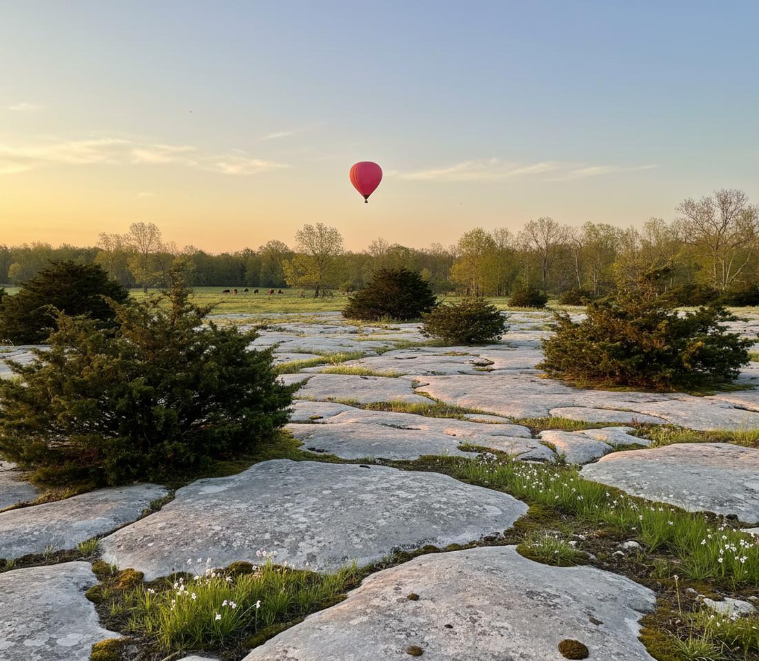 A limestone cedar glade at sunrise with flat gray rock, fresh grass, tiny white flowers and dark junipers, and one distant rose balloon in the dawn sky