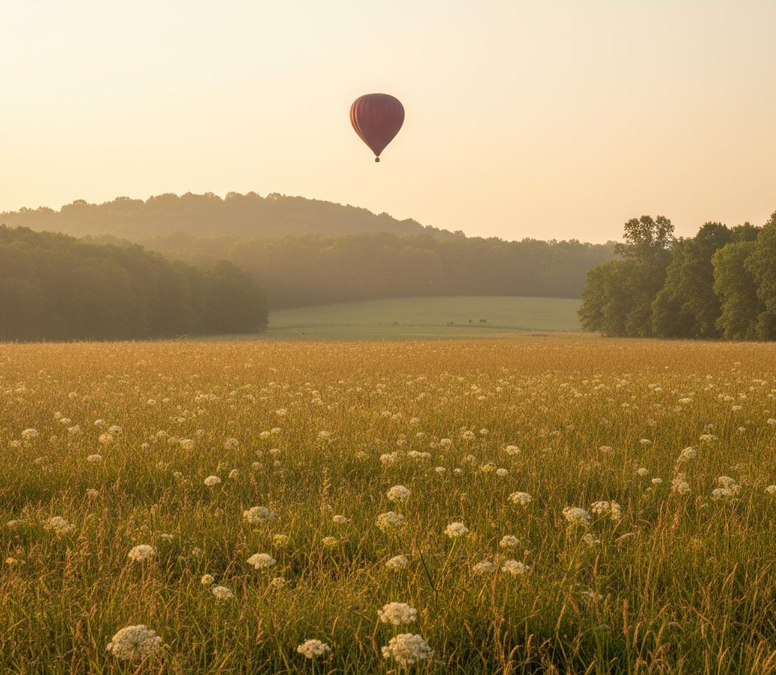 A tall-grass meadow with white Queen Anne's lace in hazy summer sunrise light, wooded hills beyond and one distant burgundy balloon in the pale sky
