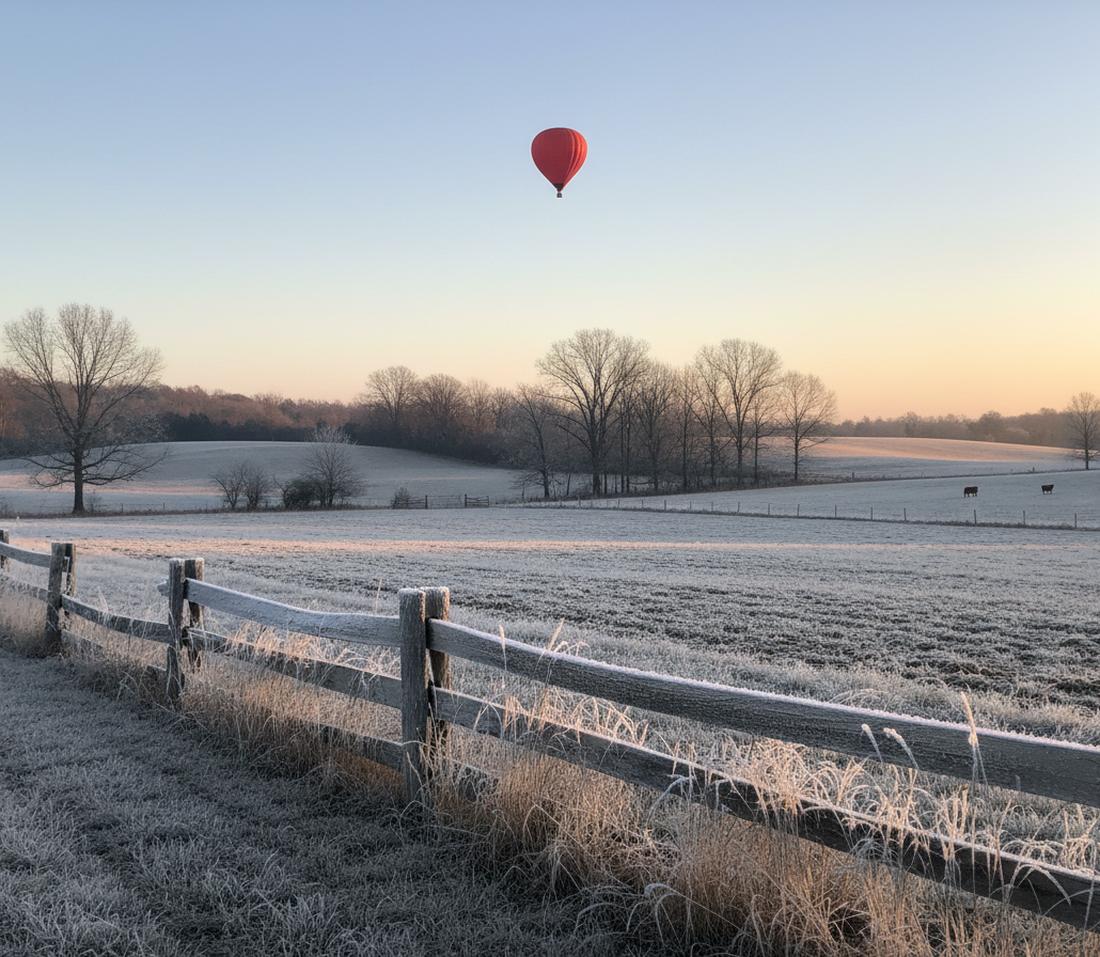 Hoarfrost on a split-rail fence and frosted grass across a frozen pasture at sunrise, bare trees behind and one distant scarlet balloon in the pale sky