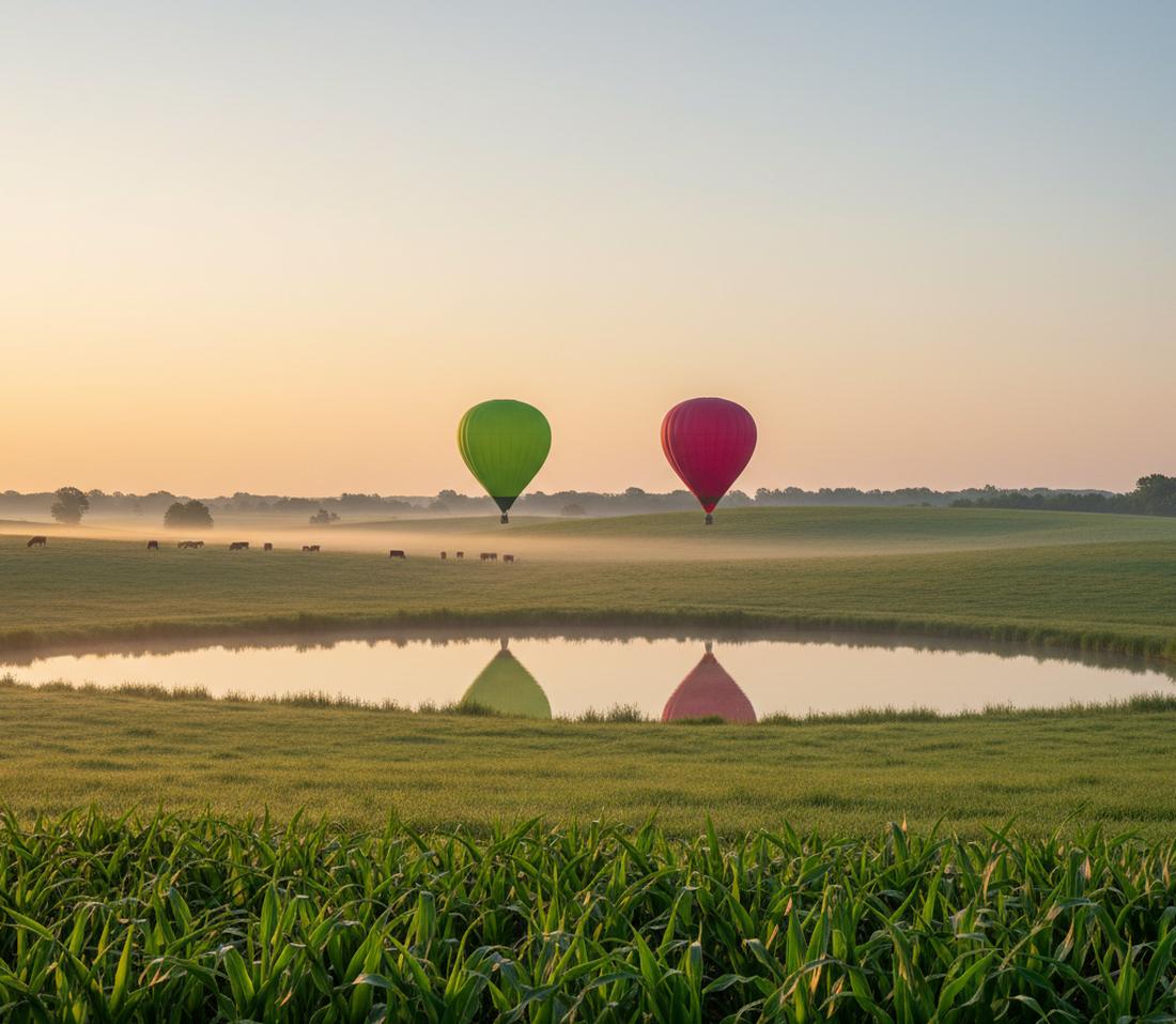 A lime green balloon and a magenta balloon low over misty pasture at sunrise, both mirrored in a still farm pond, young corn in front
